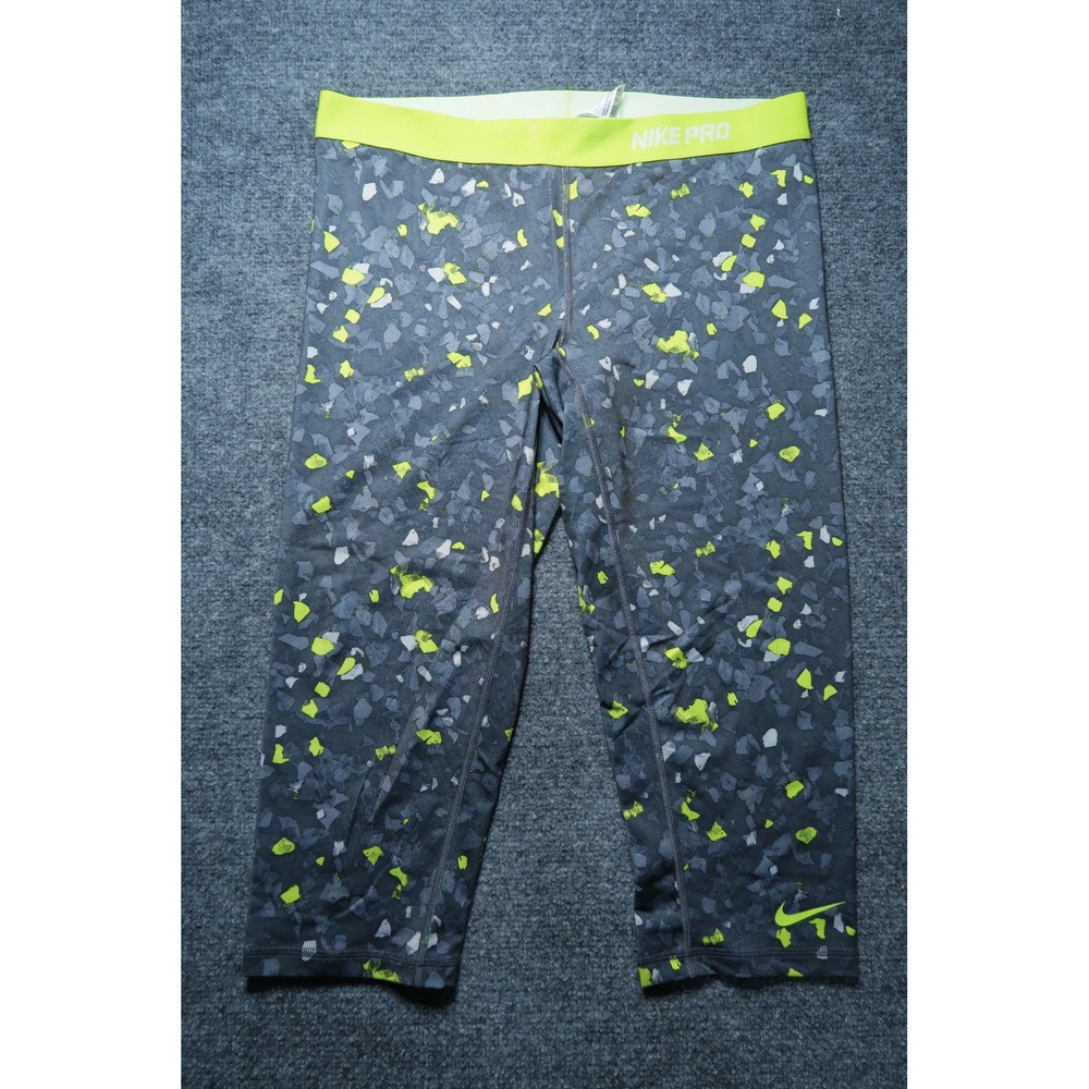 Nike Pro Womens XL Grey Neon Yellow Pebble Print Capri Leggings 485394-022
